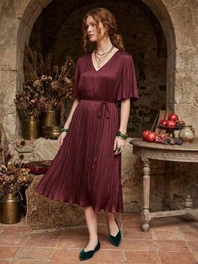 Vince Crushed Satin Flutter Pleated V-Neck Midi Dress Burgundy Women’s XL